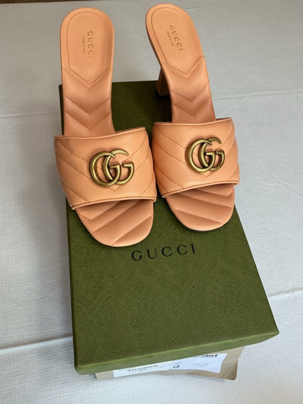 Gucci GG Marmont Peach Quilted Leather GG Slide Sandals with Gold Hardware